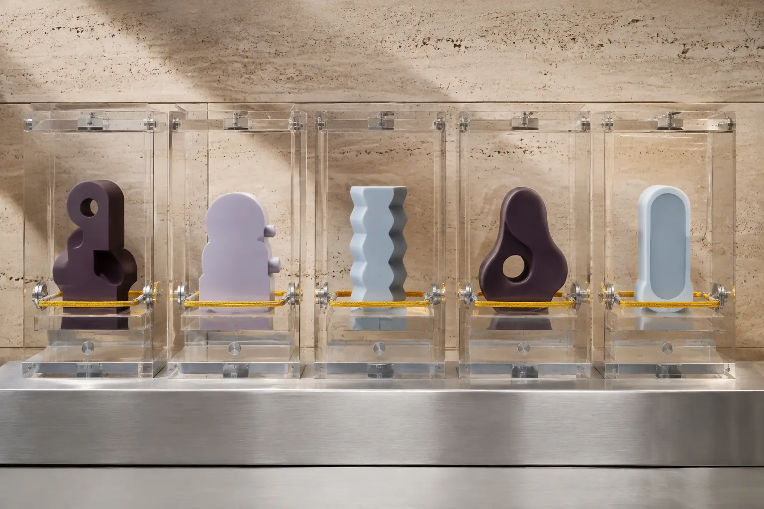 Five abstract aubergine objects staged in clear bays behind saffron retention lines